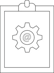 A clipboard displays a gear encasing an  symbol all rendered in simple line art