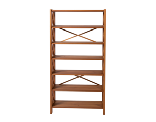 Tall wooden bookcase with open shelves and "X" supports, isolated on black background