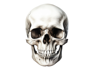 Anatomical illustration of a human skull with detailed shading on a black background showing, Isolated On Transparent Background