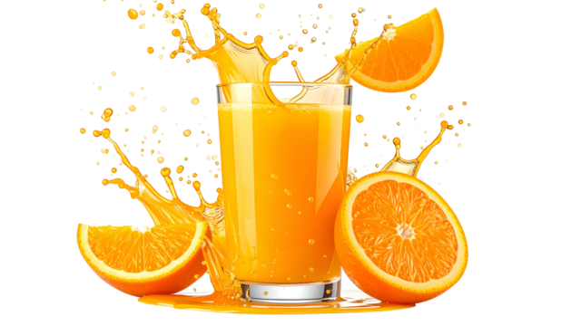 A glass of vibrant orange juice with splashes and orange slices around