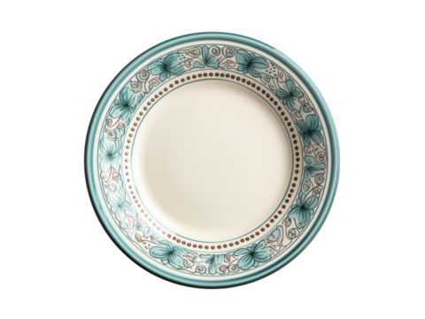 Isolated decorative plate with teal floral pattern and brown dot border on a black background, Isolated On Transparent Background
