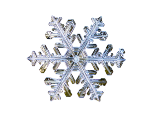 Intricate, six-pointed, symmetrical ice crystal with delicate, transparent detail
