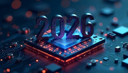 Year 2026 designed with a circuit board pattern standing on a futuristic microchip motherboard, perfect for new year