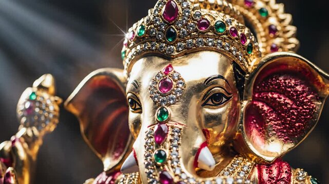 Golden Lord Ganesha Idol with Divine Light Rays.