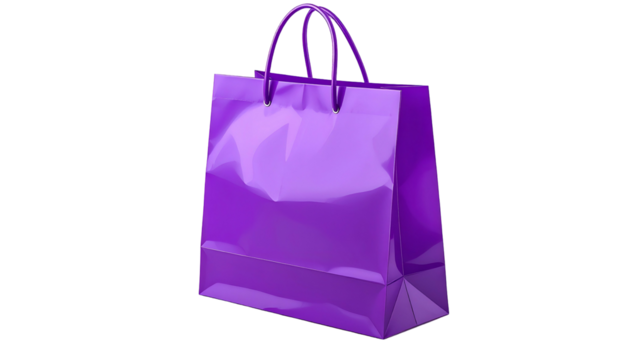 Glossy, purple shopping bag with handles, isolated on black background, reflecting light