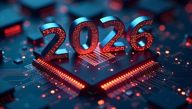 Year 2026 designed with a circuit board pattern standing on a futuristic microchip motherboard, perfect for new year
