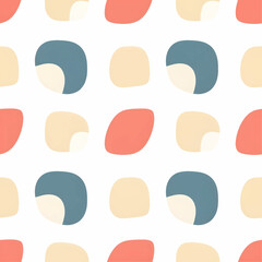 Seamless pattern featuring abstract rounded organic shapes in muted blue, yellow, and coral tones on a clean white background, creating a modern decorative design.