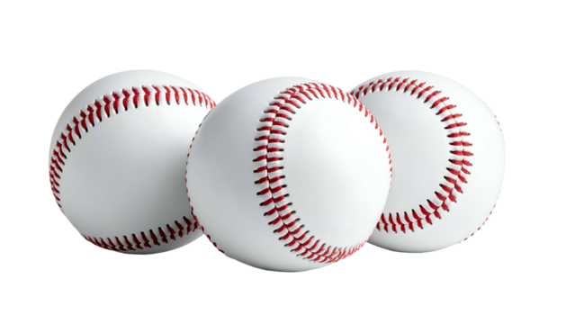Three white spheres with red stitching, classic baseballs on a black background