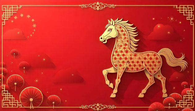 2026 Year of the Horse poster in a red festive theme with elegant typography and traditional decorative elements, perfect for new year