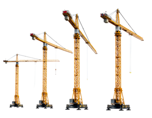 Four yellow construction cranes of varying sizes, isolated against a black background
