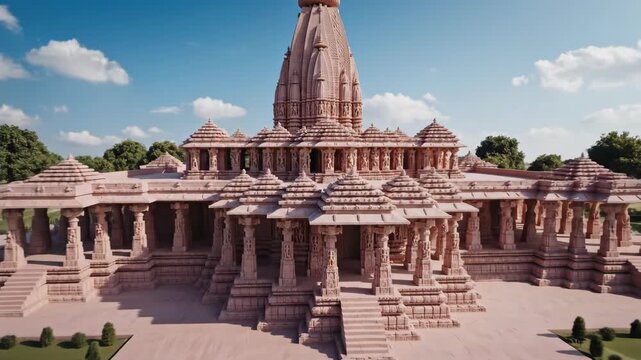 Grand Majestic Hindu Temple with Intricate Stone Carvings and Pillars.