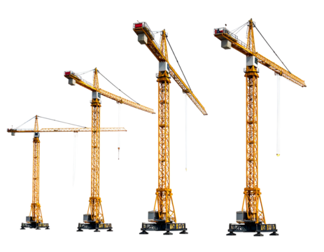 Four yellow construction cranes of varying sizes, isolated against a black background