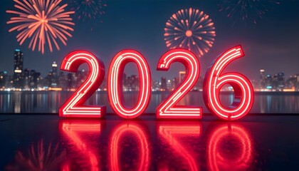 Modern 2026 neon light numbers glowing in futuristic cityscape, metallic reflections and fireworks in the sky, new year party background
