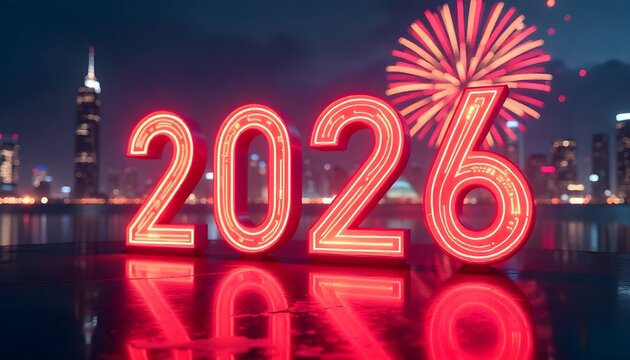 Modern 2026 neon light numbers glowing in futuristic cityscape, metallic reflections and fireworks in the sky, new year party background