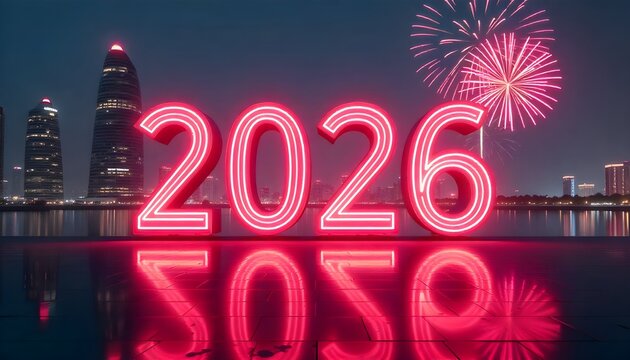Modern 2026 neon light numbers glowing in futuristic cityscape, metallic reflections and fireworks in the sky, new year party background