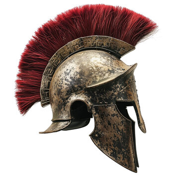 Profile of ancient bronze Corinthian or Roman warrior helmet with crimson horsehair crest displayed against isolated blank background showing weathered metallic patina and classical design