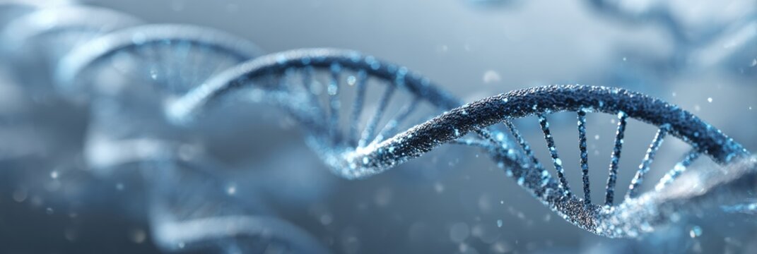 Detailed DNA double helix structure appears with a glowing blue hue, surrounded by a soft atmosphere, emphasizing its scientific significance and beauty.