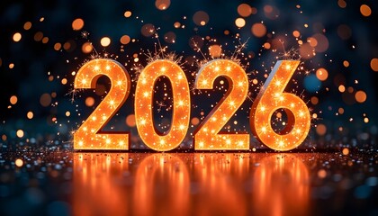 New Year 2026 countdown clock with glowing lights and confetti explosion, festive night background, modern celebration theme