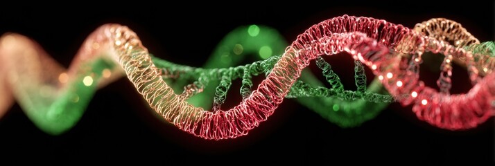 Vibrant 3D representation of a DNA strand twists elegantly in colors of red, green, and yellow against a black background, showcasing genetic configurations.