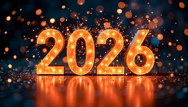 New Year 2026 countdown clock with glowing lights and confetti explosion, festive night background, modern celebration theme