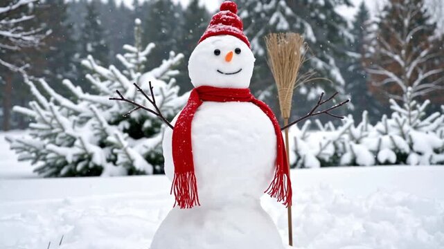 cute smiling snowman with red scarf and hat with a broom in his handwinter fairytale