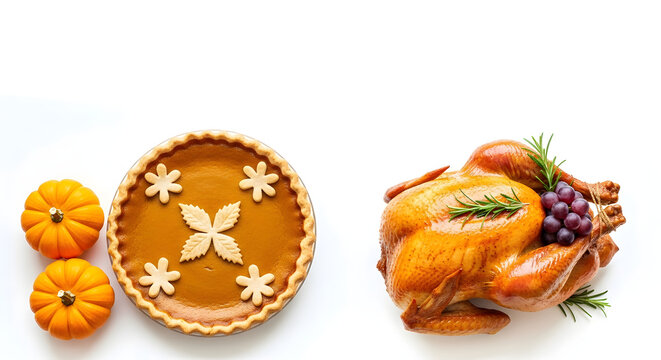 Enjoy a delicious golden roasted turkey alongside a festive pumpkin pie, perfect for your holiday celebrations and seasonal gatherings.