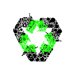 Recycling symbol composed of trash and waste materials represents environmental awareness and the importance of conservation on a white backdrop.