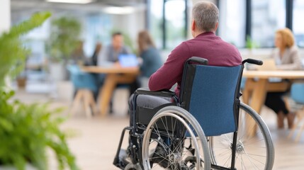 A Thoughtful Moment: A Man in a Wheelchair Observes the Collaborative Environment of a Modern Workplace
