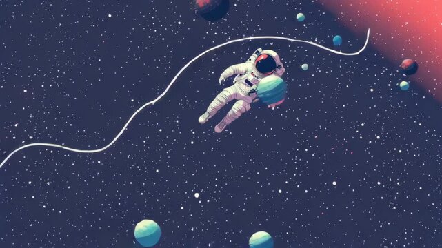 Astronaut floating tethered to spacecraft in vibrant space surrounded by colorful planets stars galaxy cosmos universe exploration and cosmic adventure with serene floating tether