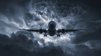 Airplane in thunderstorm sky dramatic photography stormy environment low angle aviation challenges