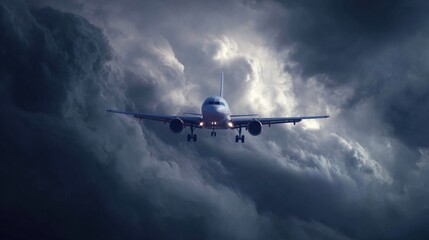 Airplane landing amidst stormy skies airport runway aviation photography dramatic weather low angle tension and triumph