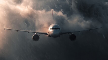 Stormy skies aircraft navigating turbulent weather over ocean aerial view dramatic adventure for aviation enthusiasts