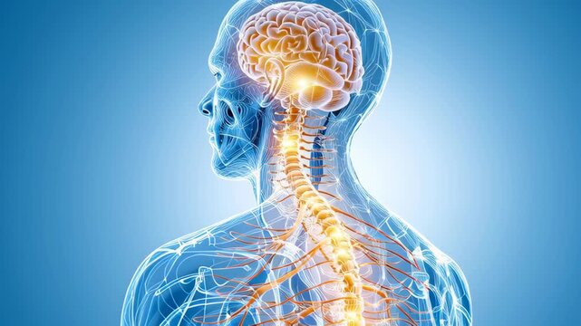 Nervous system anatomy with brain and spinal cord glowing in blue and orange light showing detailed nerve pathways and nerve network in transparent body medical illustration