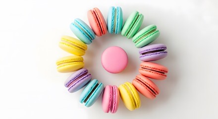 Colorful Macarons Wreath on White Background Delicious Dessert Delight