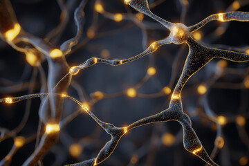 Neural network with glowing gold connections on dark background, symbolizing AI technology