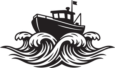 Fishing Boat on Waves - Black and White Vector Illustration