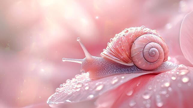 A delicate snail with a pink shell rests on a wet petal adorned with sparkling dew drops set against a soft dreamy background