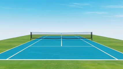 Fototapeta premium A blue tennis court with a net, surrounded by green grass under a clear blue sky.