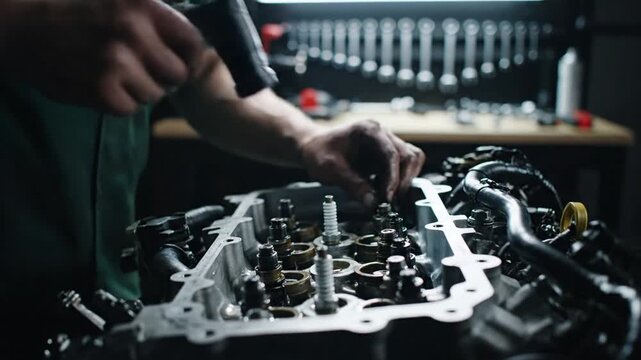 Mechanic's Hands Working on Engine, Automotive Repair, Close-Up View