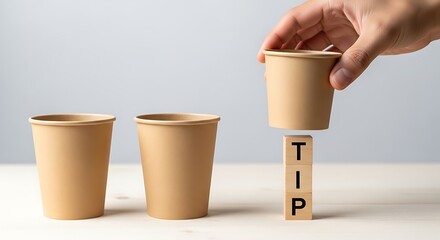 Hand placing a cup on a wooden block with the word tip, symbolizing gratuity and service