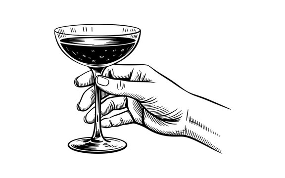 a hand holding a wine glass, elegant vintage drawing perfect for bar menus, labels, and design projects.