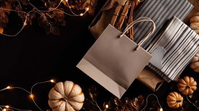 Halloween shopping bag decorated with pumpkin and autumn leaves for seasonal sale, Black Friday promotion, and festive retail display.
