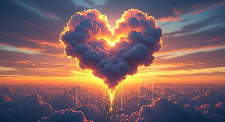 A radiant heart shaped cloud formation glows during a vibrant sunset