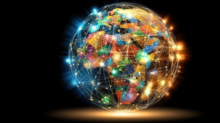 Global connectivity illuminated world map digital visualization global network dark background high-tech concept