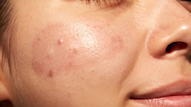 Close Up of Facial Skin with Rosacea and Blemishes on Young Adult Female Showing Redness, Inflammation and Uneven Texture in Harsh Sunlight Health and Beauty Treatment Concept