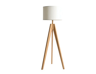 A wooden tripod lamp with a cream lampshade against a black background