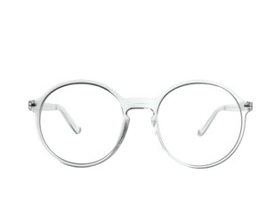 Pair of transparent, round-framed glasses with clear arms, set against black
