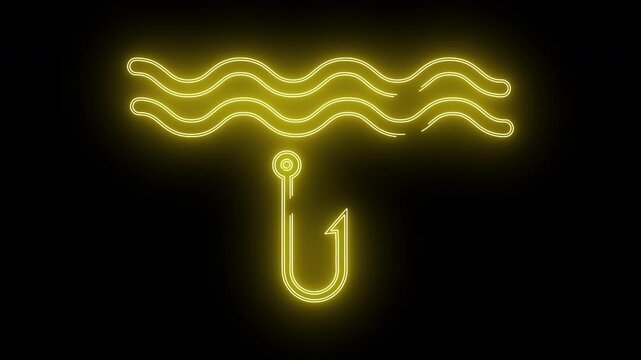 A bright yellow neon fishing hook descends below two wavy lines on a black background