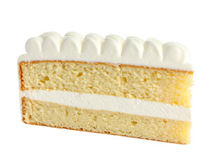 A cross-section of a layered cake, vanilla sponge, creamy filling & frosting