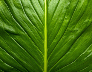 A close-up view of a vibrant green leaf, showcasing intricate veins and texture